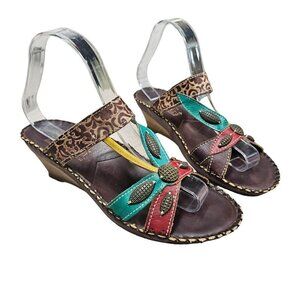 L'Artiste Charlotte 38 Women's Colorful Wedge Sandals Multicolor‎ Straps Flower